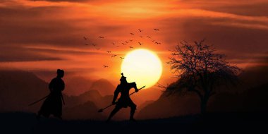 Gün batımının arka planında kılıçlı bir kadın ve erkeğin silueti.