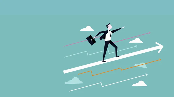 Merdivenlerin tepesinde ok ve merdiveni olan bir iş adamı. vektör illüstrasyonu