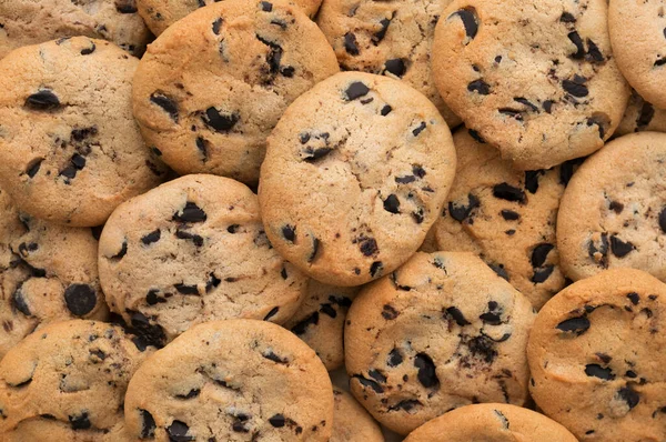 Cookies with chocolate drops, close-up, top view, flat lay.