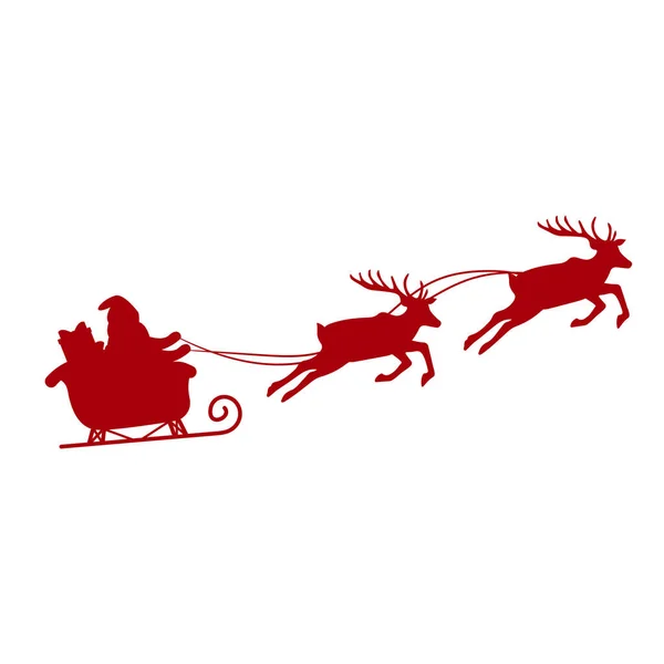 Dark Red Christmas Sleigh Santa Two Flying Reindeer — Stock Vector