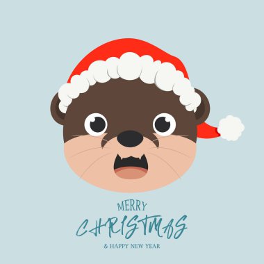 Noel Baba şapkası takan su samurunun tatlı kafası. Noel tebrik kartı konsepti çizimi.