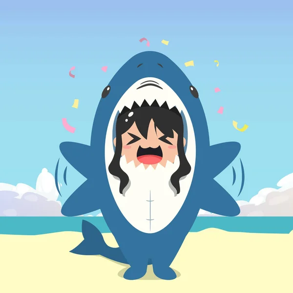 Holčička Kostýmu Žraloka Smějící Izolovaně Plážovém Pozadí Holčička Kostýmu Žraloka — Stockový vektor