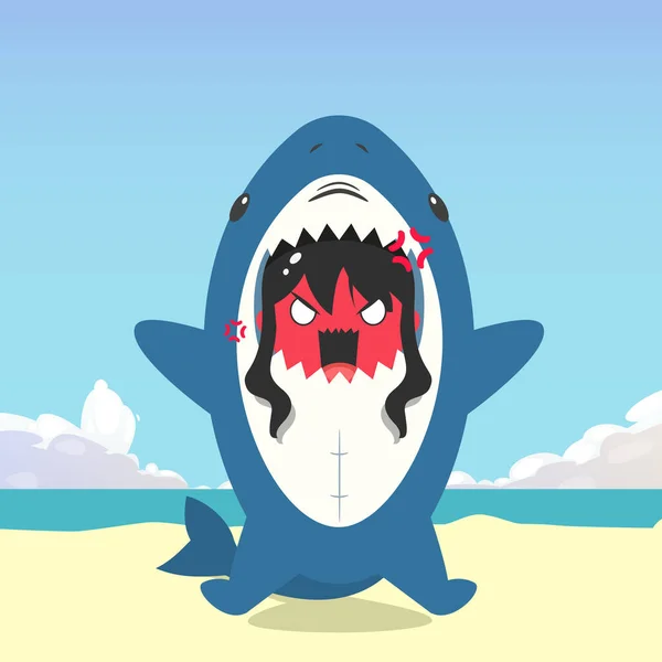 Niña Usando Personaje Traje Tiburón Sintiéndose Enojada Aislada Fondo Playa — Vector de stock