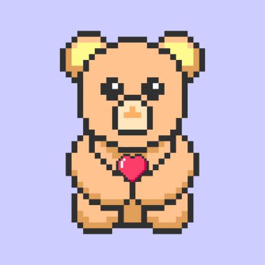 8 bit pixel teddy bear holding a heart. Valentine's day illustration