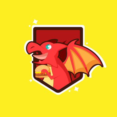 Fast Food ya da Snack Marka için Komik Kırmızı Ejderha Tutucu Burger Çizgi Film Simgesi
