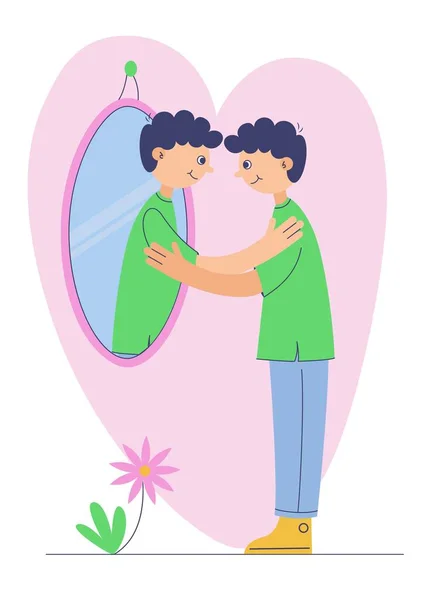 Ένας Νεαρός Αγκαλιάζει Την Αντανάκλασή Του Στον Καθρέφτη Αγαπήστε Τον — Διανυσματικό Αρχείο
