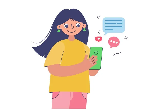 Menina Usando Telefone Celular Mensagens Texto Mensagens Bate Papo Com —  Vetores de Stock