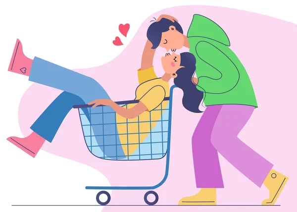 快乐的生活 享受在一起的时光 并有一个有趣的概念 在超市里 积极的男人和女人一边玩乐 一边坐着购物车 感受着玩耍的媒介图解 — 图库矢量图片
