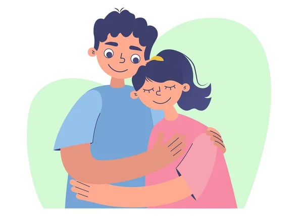 Νεαρό Χαμογελαστό Ζευγάρι Αγόρι Και Κορίτσι Αγκαλιάζονται Έννοια Επίπεδου Διανύσματος — Διανυσματικό Αρχείο