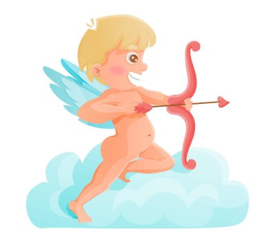 Cute cupid is shooting love arrow on the cloud. Valentines vector illustration on white isolated background. Vector design for postcards, advertising material, websites