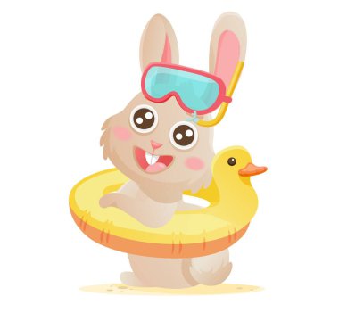 Bunny character on beach. Vacation illustration for summer sea holidays. Cute rabbit sitting in rubber ring and swimming glasses. Flat vector illustrations isolated on white background