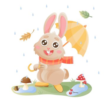 Autumn bunny character. Cute cartoon rabbit walking in autumn forest. Umbrella, autumn leaves, mushrooms, acorns, fly agaric. Flat vector illustrations isolated on white background