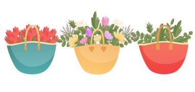 Set of straw bags with different flowers, colorful shopping tote bags, summer beach bags vector illustration sketch template on white background