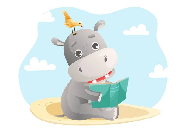 Mignon Petit Hippopotame Lit Livre Sur Une Plage Lecture Illustrations — Image vectorielle