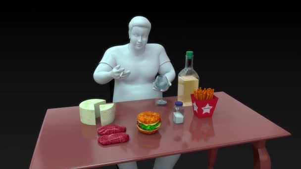 Animated Footage Junk Food Wooden Tabletop Fat Man Eating — Stock Video