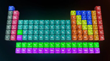 Siyah arkaplanda izole edilmiş periyodik tablonun 3d çizimi