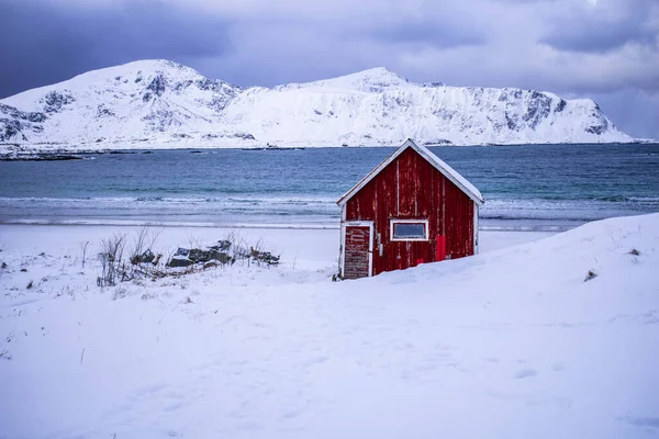Rambergstranda sahilindeki ünlü kırmızı kulübe, Lofoten.