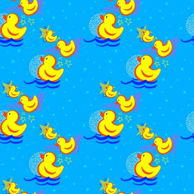 Mavi arka planda, geometrik şekilli sarı plastik ördekli kusursuz desen..