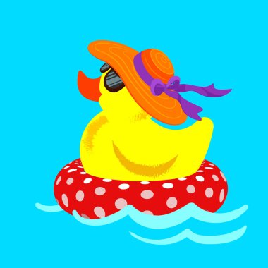 Şirin sarı plastik ördek şişme bir yüzüğün üzerinde yüzüyor. Yaz tatili ya da tatil konsepti. Suyun yanında açık hava eğlencesi. Vektör illüstrasyonu.