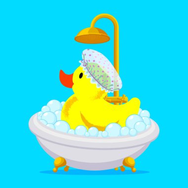 Şirin sarı plastik ördek puantiyeli duş bonesiyle köpük banyosu yapıyor. Konsept dinlenme ve rahatlama üzerine kurulu, SPA tedavileri. Memlekette zevkle geçirilen zaman. Vektör illüstrasyonu.