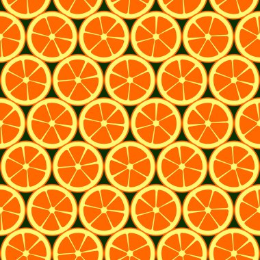 Portakal dilimli kusursuz vektör deseni. Meyve deseni. Kumaş, çizim etiketleri, tişört baskısı, çocuk odasının duvar kağıdı, meyve arkaplanı için taze tropik desenler. Görüntü.