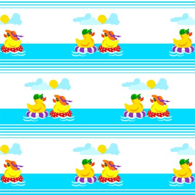 Çizgili arka planda şişme daireler üzerinde yüzen bir çift lastik ördekle kusursuz desen. Güneş gözlüklü ve şapkalı karakterler, kaptan. Vektör İllüstrasyonu.