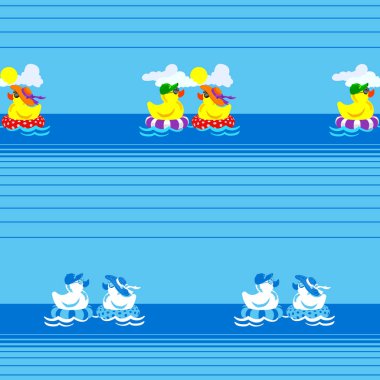Denizde şişme halkalar üzerinde yüzen birkaç ördekle kusursuz bir vektör deseni. Suyun üzerinde rahatlama. Kumaş, etiket tasarımı, tişört baskısı, çocuk odası duvar kağıdı, meyve arkaplanı.