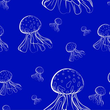 Denizanası ile kusursuz vektör deseni. Deniz düzeni. Kumaş, çizim etiketleri, tişört baskısı, çocuk odasının duvar kağıdı, meyve arkaplanı. Vektör illüstrasyonu.