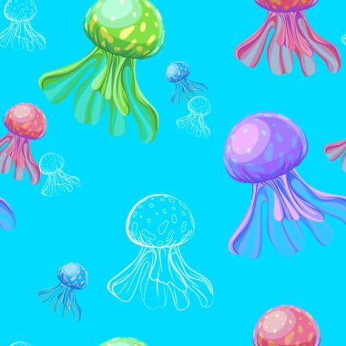 Denizanası ile kusursuz vektör deseni. Deniz düzeni. Kumaş, çizim etiketleri, tişört baskısı, çocuk odasının duvar kağıdı, meyve arkaplanı. Vektör illüstrasyonu.