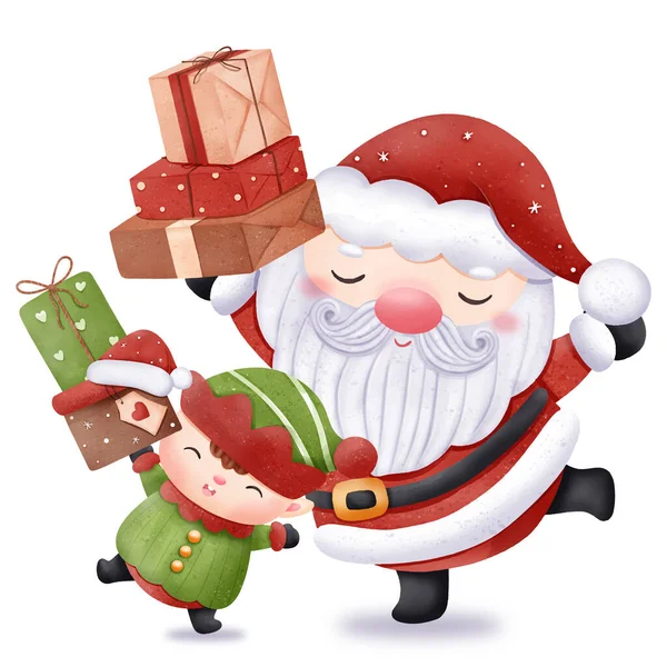Χαριτωμένο Άγιος Βασίλης Και Μικρή Εικονογράφηση Helper — Διανυσματικό Αρχείο