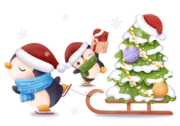 Χριστούγεννα Εικονογράφηση Χαριτωμένο Πιγκουίνους — Διανυσματικό Αρχείο