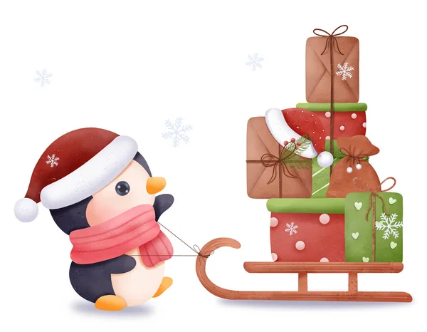 クリスマスイラストかわいいペンギンとプレゼント — ストックベクタ
