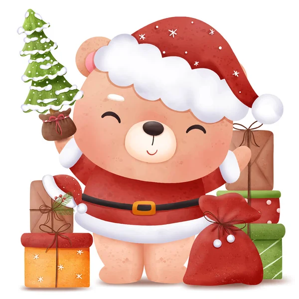Aranyos Karácsonyi Baba Medve Illusztráció — Stock Vector