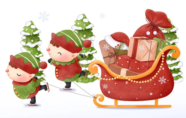 Weihnachtsillustration Kleine Elfe Und Geschenke — Stockvektor