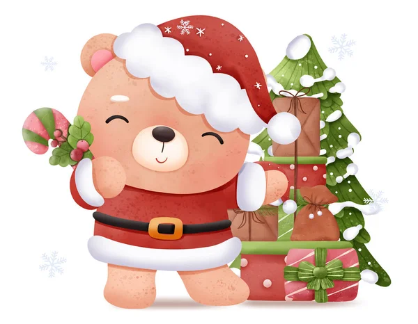 Aranyos Karácsonyi Baba Medve Illusztráció — Stock Vector