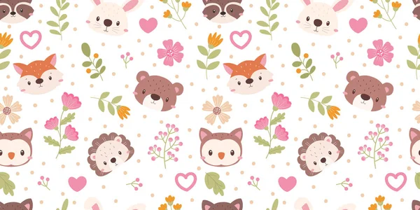 Cute Animals Face Floral Seamless Pattern — Stock Vector