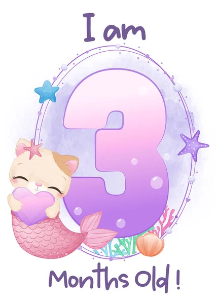 Baby Milestone Cards Set Kitty Mermaid — Stock Vector