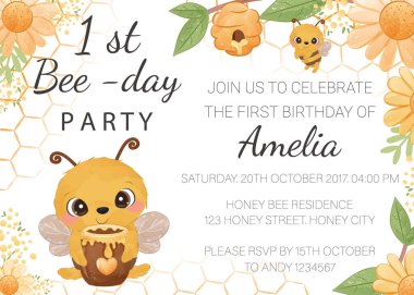 birthday party invitation template with honey bee clipart