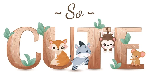 Cute Dzikie Zwierzęta Ilustracja Alfabetów — Wektor stockowy