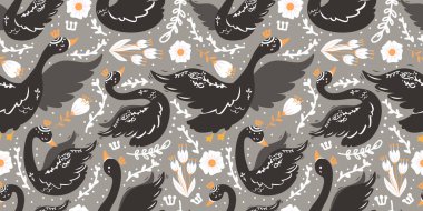 Kuğu ve Çiçekler Temalı Kusursuz Desen