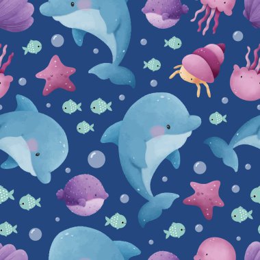 Adorable and fun ocean life seamless pattern clipart