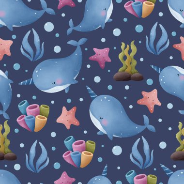 Adorable and fun ocean life seamless pattern clipart