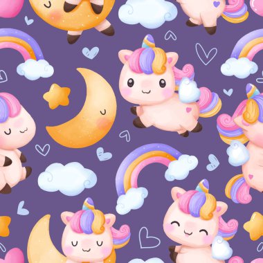 Tapılası tek boynuzlu at temalı kumaş, duvar kâğıdı ve daha birçok şey için kusursuz desen.