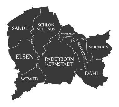 Paderborn Şehir Haritası Almanya DE siyah illüstrasyon etiketli