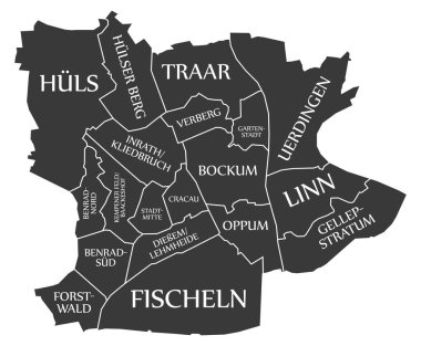 Krefeld city map Germany DE labelled black illustration clipart