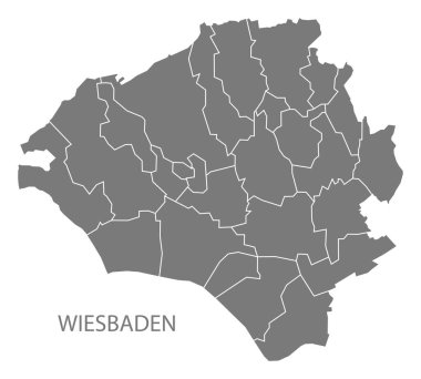 Wiesbaden şehir haritası ilçeler ile gri illüstrasyon siluet şekli