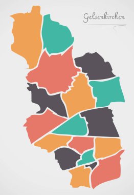 Gelsenkirchen Haritası ilçeler ve modern yuvarlak şekiller