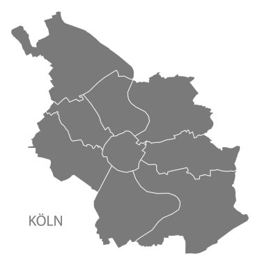 Köln şehir haritası ilçeler ile gri illüstrasyon siluet şekli