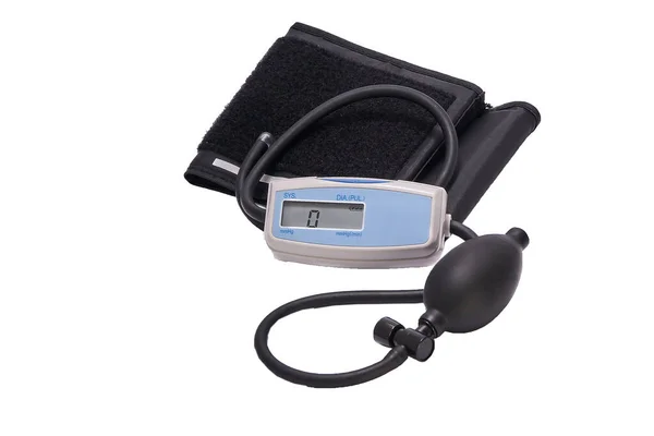 Félautomata Digitális Tonométer Vérnyomás Mérésére Szabályozására Pulzusszám Fehér Alapon — Stock Fotó