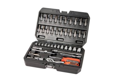 Repair tool set in an open plastic case on a white background.